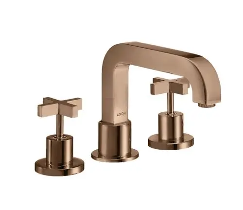 Armatur mit drei Öffnungen und Kreuzgriffen in glänzendem Rotgold, markiert mit AXOR, für Wanneninstallation.
